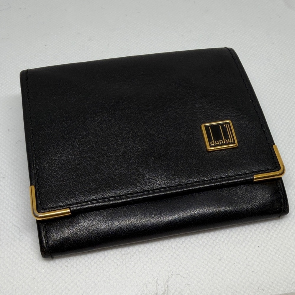 DUNHILL Coin Purse with Gold Accents Black Leather